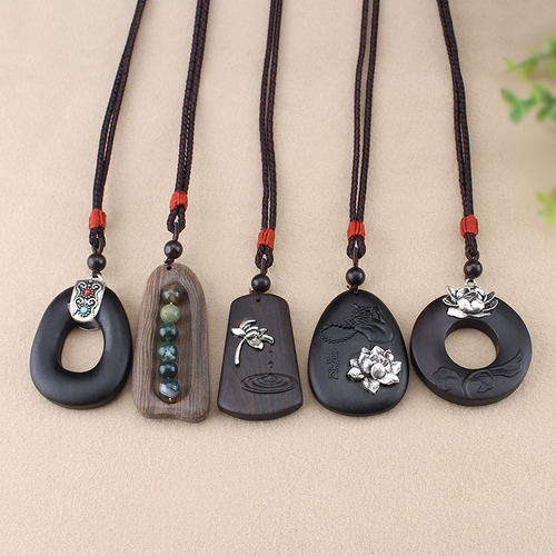 Hollywood-style black sandalwood lotus agate necklace pendant simple versatile cotton linen accessory for men and women Buddha-style necklace