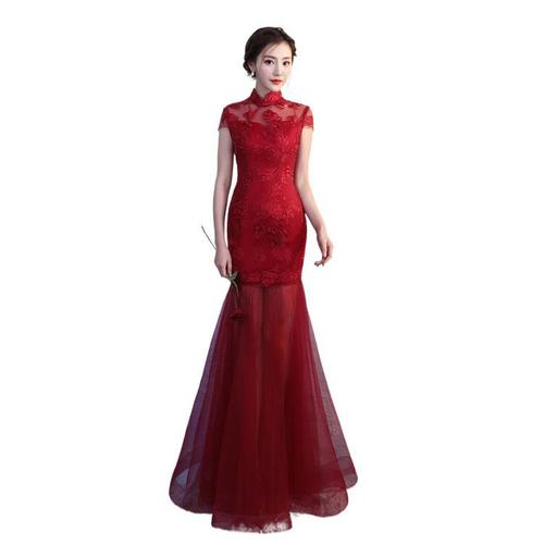 Wine red lace qipao Chinese dresses retro cheongsam bride dress to marry Chinese wedding dress female long Chinese wedding party evening dresses