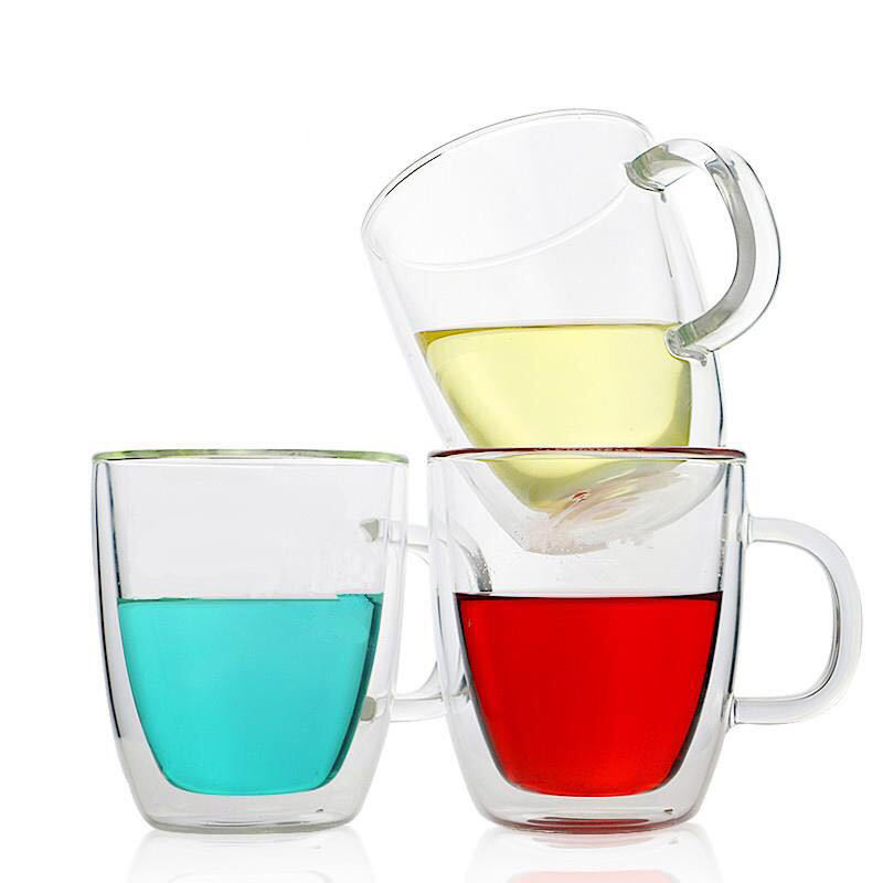 Taza de doble capa de vidrio transparente aislada transfronteriza con mango taza de café de vidrio borosilicato taza de logotipo personalizable