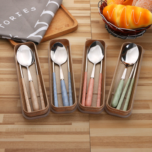 New stainless steel tableware set wheat straw bamboo spoon fork chopsticks student portable tableware three-piece set
