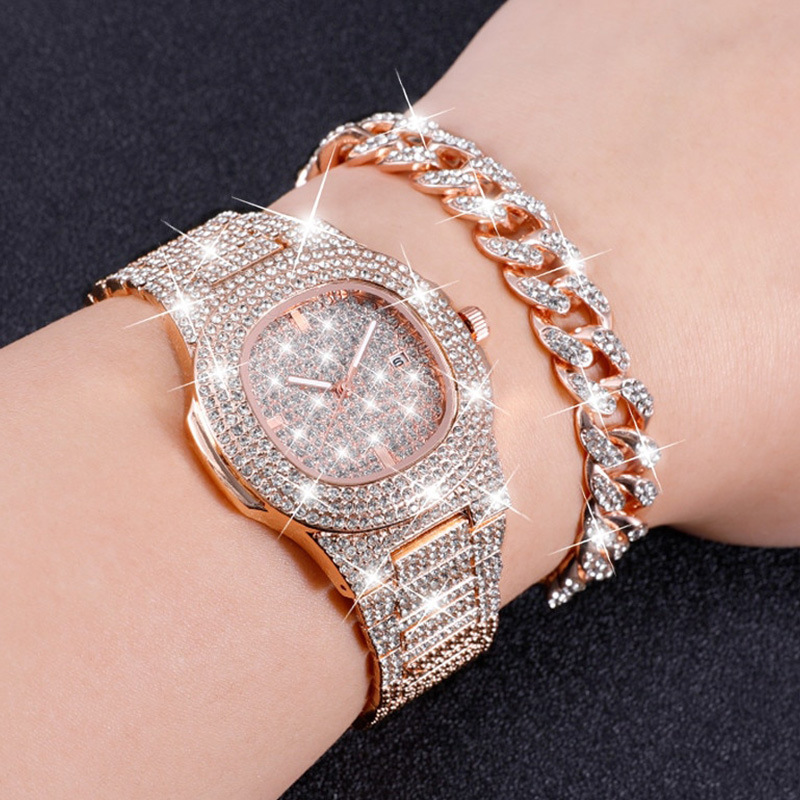 Set di braccialetti per orologio da uomo Set di 3 pezzi di gioielli per orologi stile hip-hop, collana con bracciale per orologio quadrato pieno di diamanti_voghion.com