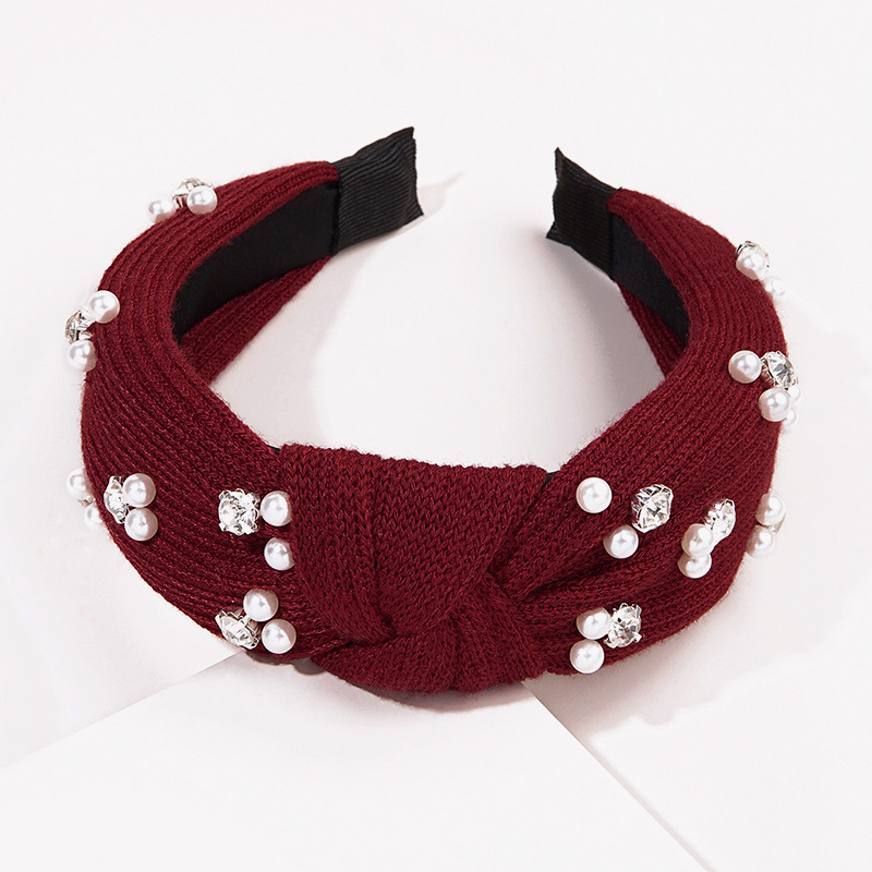 秋冬新款毛线简约打结宽边发箍 仿珍珠镶钻发箍网红发带头箍发饰