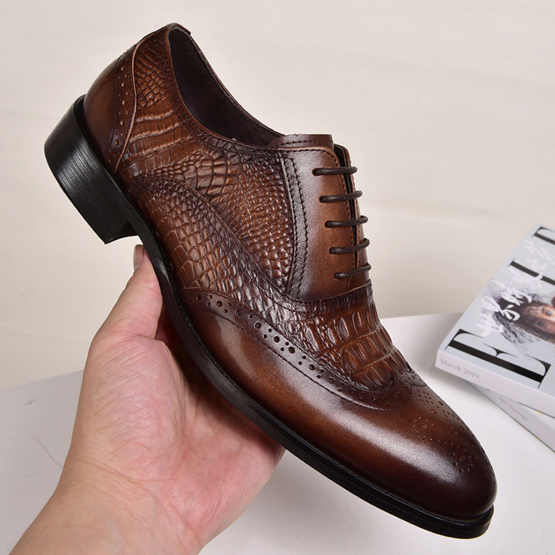 Aofu shoes cross border new product 2020 Brock Oxford men's old retro leather shoes crocodile leather shoes large size