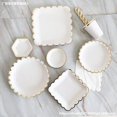 白色單色紙盤子野餐盤子壹次性兒童成人生日派對餐具燙金紙盤餐盤