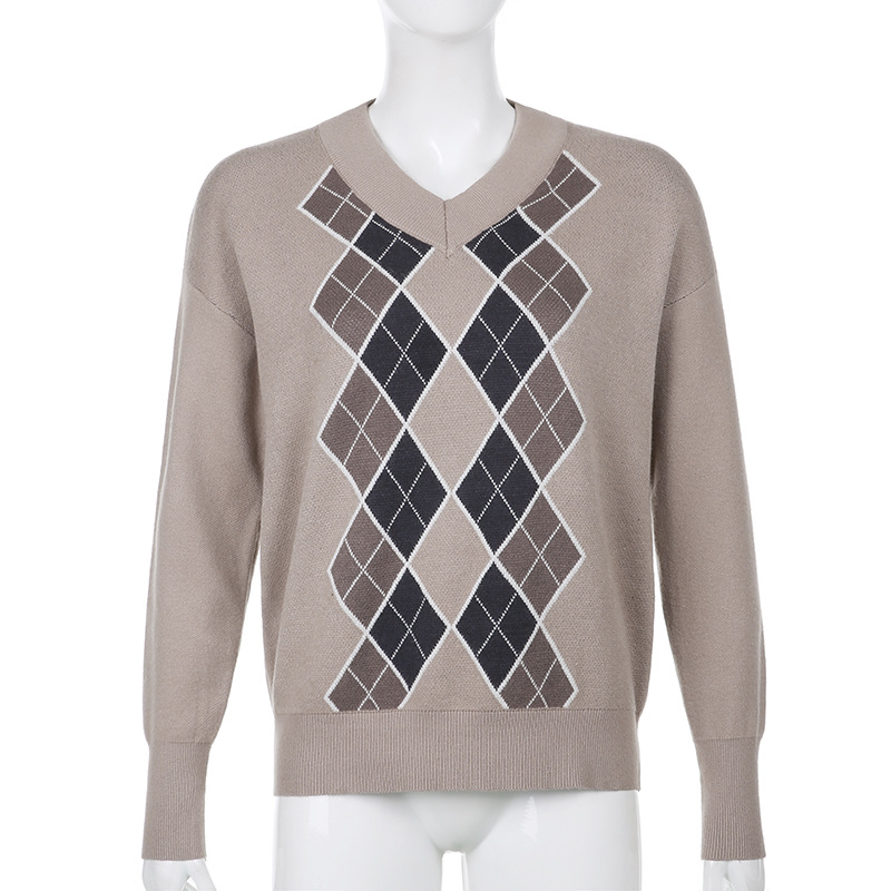 diamond grid V-neck loose long-sleeved top  NSLQ12010