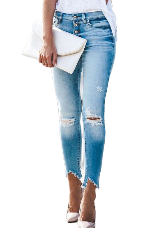 Women's Clothing Women's jeans with irregular raw edges and high elasticity, slim fit and slimming_voghion.com