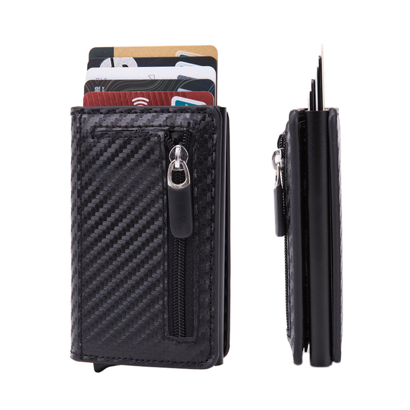 Fibra de carbono caja de tarjeta automática hombres mujeres Acero inoxidable tarjeta de crédito titular cartera RFID tarjeta de visita caso nuevo logotipo
