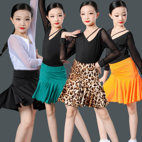 Professional Latin Dance Clothing Spring and Summer Children Girl Competition Performance Dress Girl Child Practice Skirt No Fishbone Long Sleeve Set