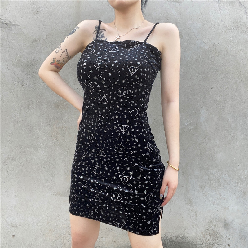 starry printed suede split sling short dress  NSMEI55090