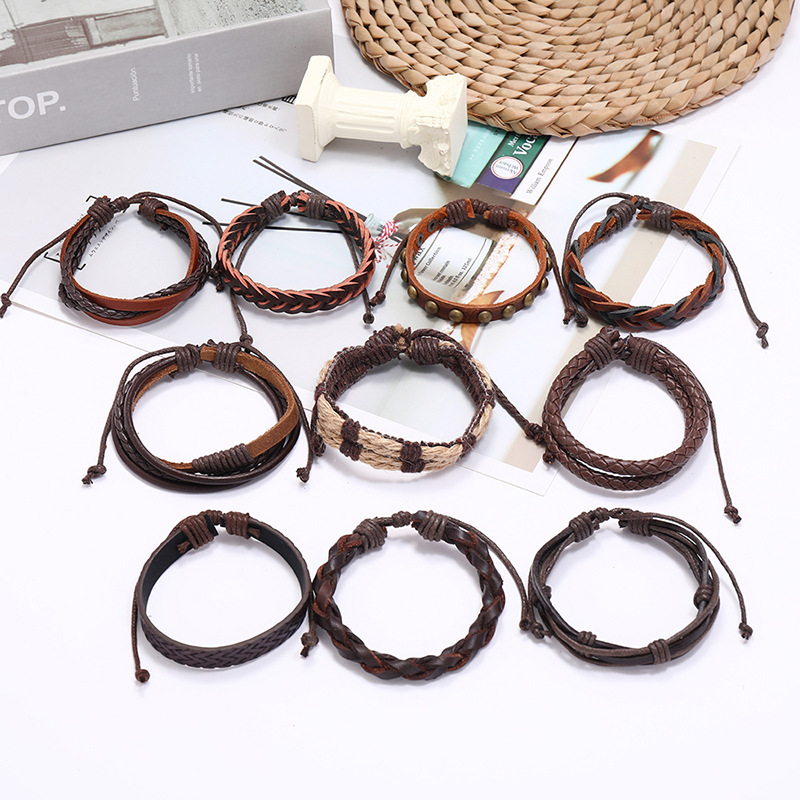 Punk style retro multi-layer leather 10 piece set braided bracelet hand rope