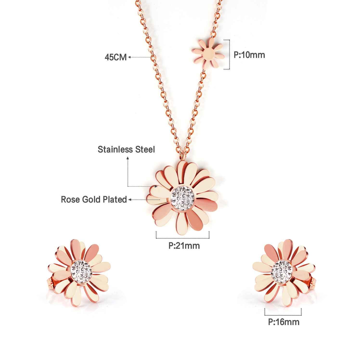 Simple Style Flower Stainless Steel Inlay Zircon Earrings Necklace 1 Set