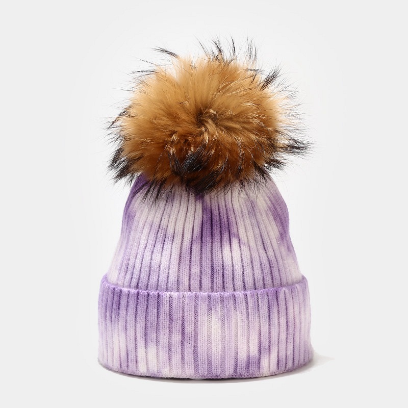Nuevo gorro de punto con diseño de mapache teñido anudado para mujer, gorro de bola de pelo para otoño e invierno, gorro de hilo con núcleo resistente al viento para exteriores_voghion.com