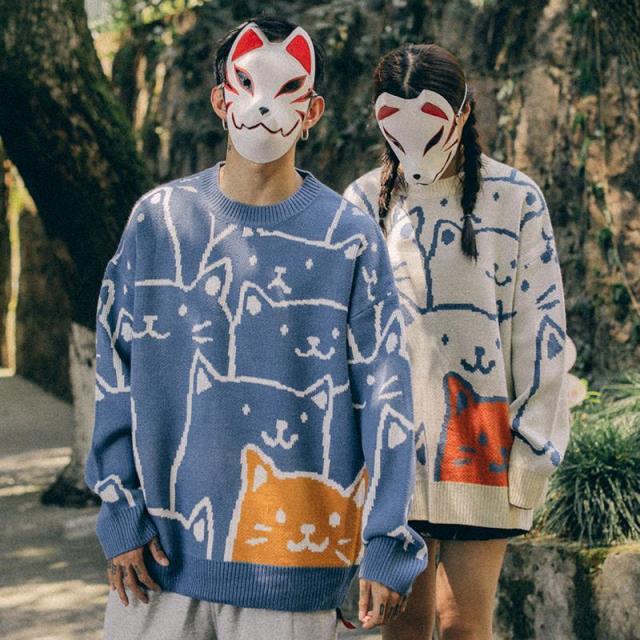 Herrenpullover mit Cartoon-Katzen-Print – Übergroßer Paarpullover im koreanischen Stil (Weiß/Schwarz/Blau/Orange, S-XXL)_voghion.com