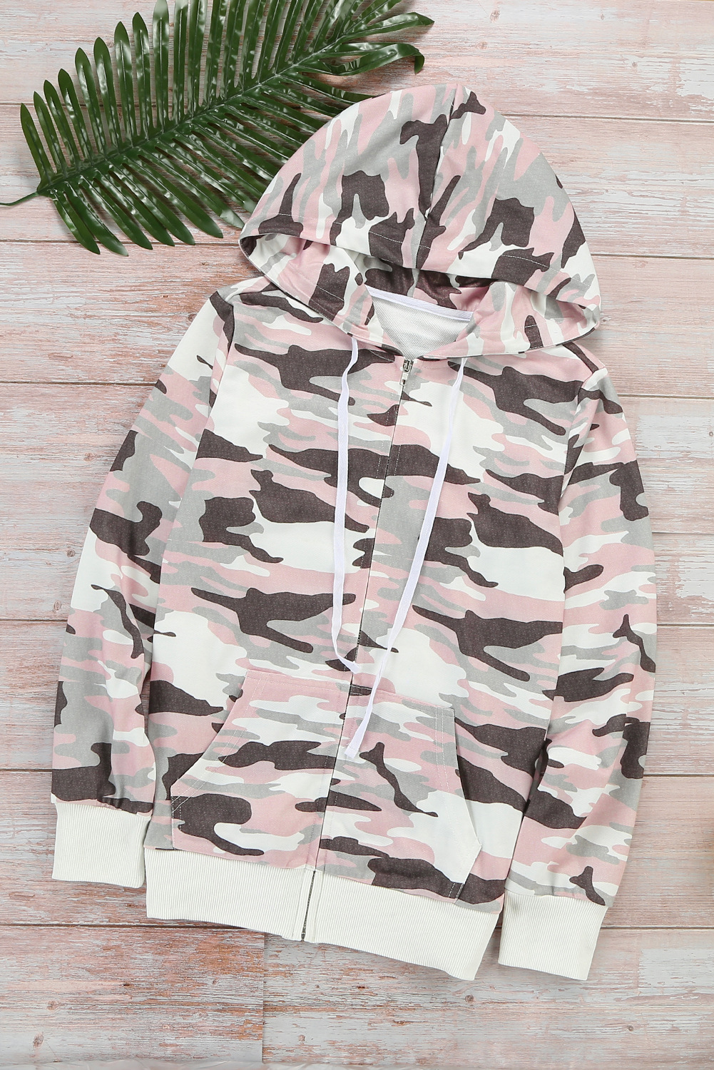 long-sleeved camouflage hooded pocket zipper cardigan women's sweater NSSI2405
