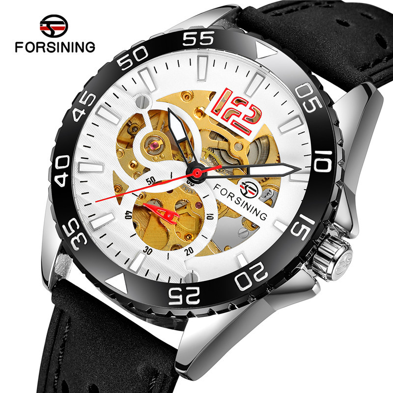 Forsining/fusini hombres correa de cuero reloj de negocios reloj mecánico automático casual reloj hueco 8180