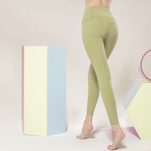 新款拼接裸感口袋瑜伽裤女跑步健身裤高腰高弹外穿运动紧身裤九分