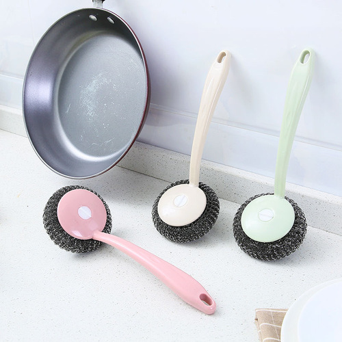 Long-handled pot scrubber household kitchen wire ball cleaning ball wire brush magic dishwashing stainless steel handle bowl brush