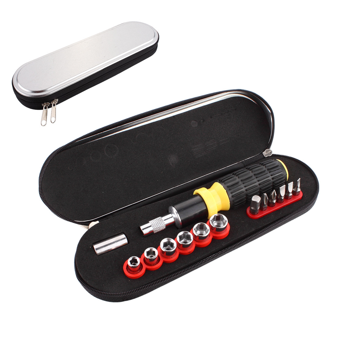 厂家直销铅笔盒形状马口铁五金工具套装14件套马口铁盒工具组套