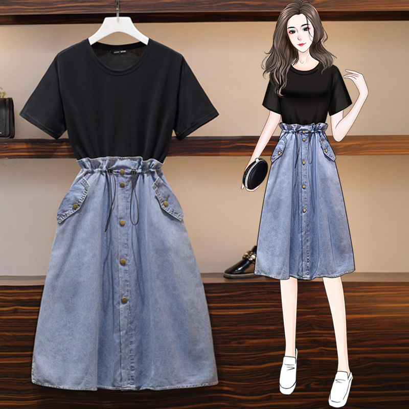 大码女装微胖mm2020新款夏季洋气宽松遮肚子拼接减龄牛仔连衣裙潮|ms