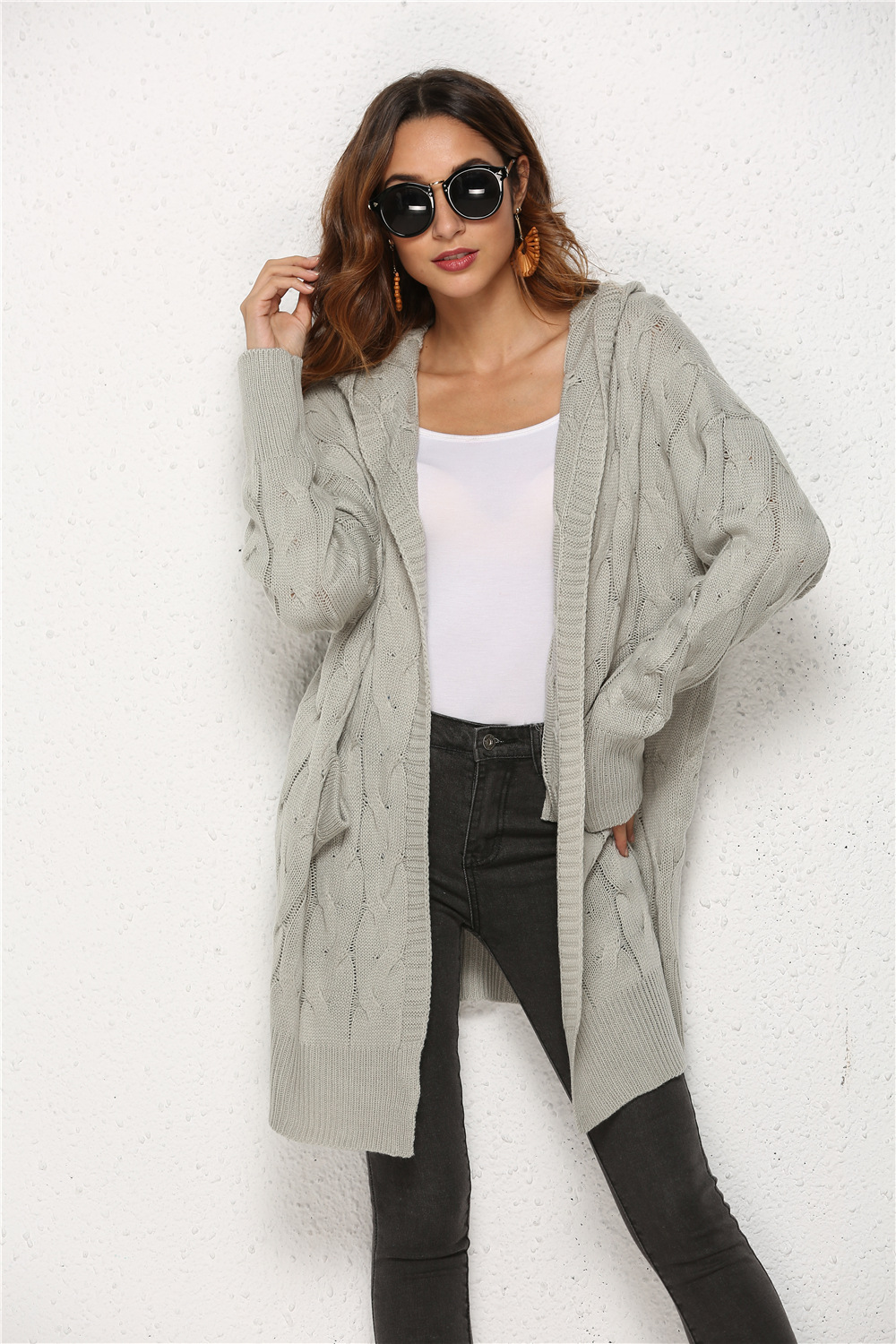 Dames gebreide twist capuchon trui jas_voghion.com