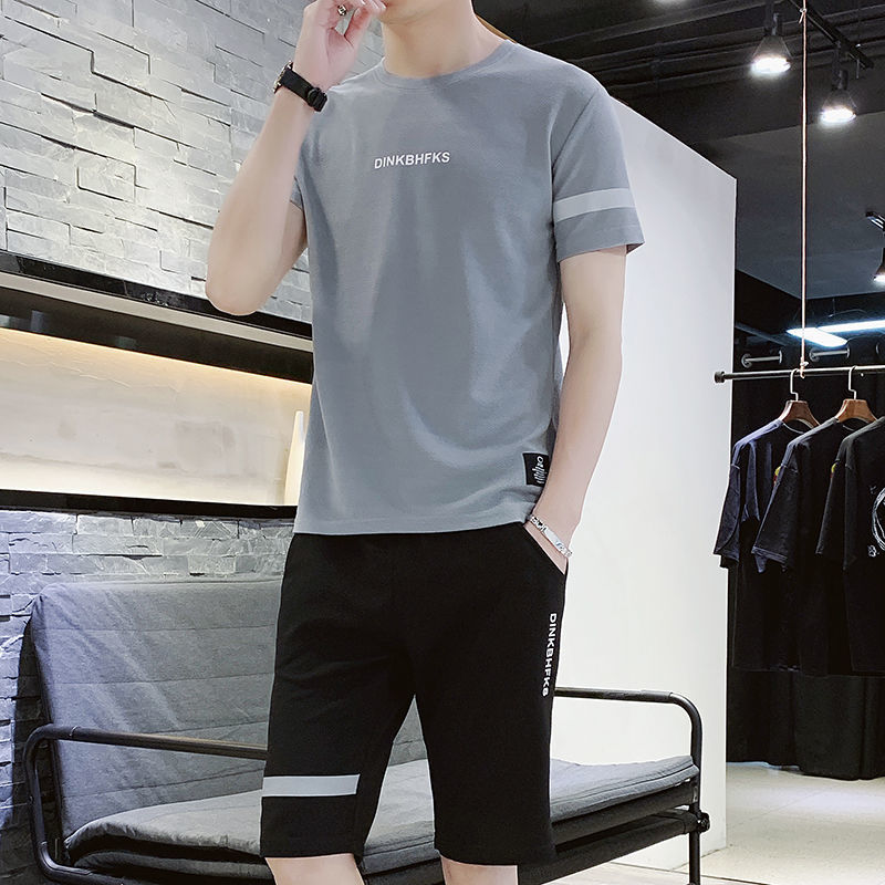 2020夏季新款爆款蚂蚁皱休闲运动套装休闲裤短袖T恤潮流两件套男|ms