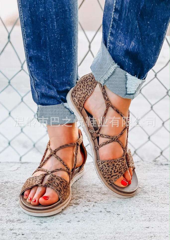 2020 cross border Large Size New Amazon leopard sandals women's cross border anti slip popular wish flat sandals