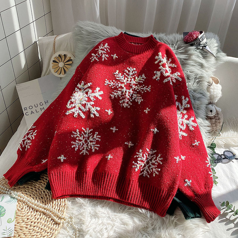 Women's Clothing Red Christmas loose sweater pullover female lazy style_voghion.com