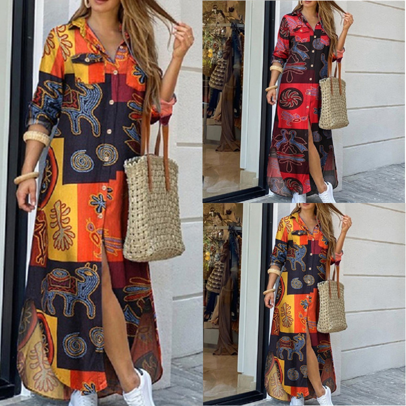 Women's Shirt Dress Fashion Turndown Printing Long Sleeve Geometric Maxi Long Dress Street display picture 7