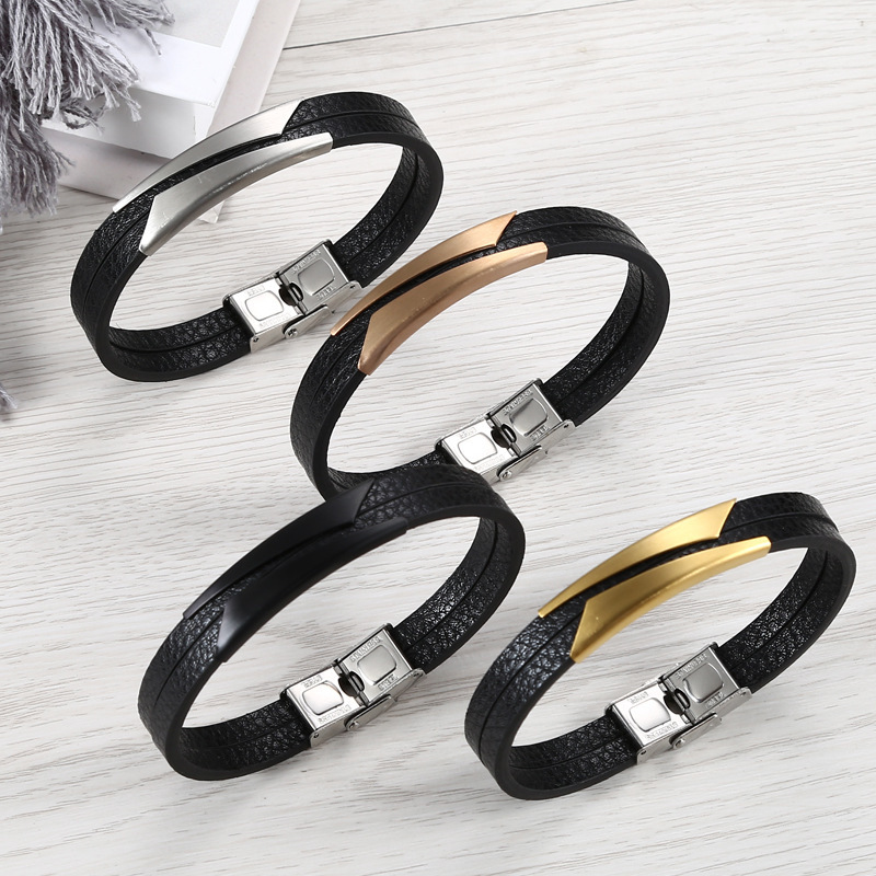 Cross-border European and American creative stainless steel leather bracelet men's simple Bevel style Korean double leather rope bracelet
