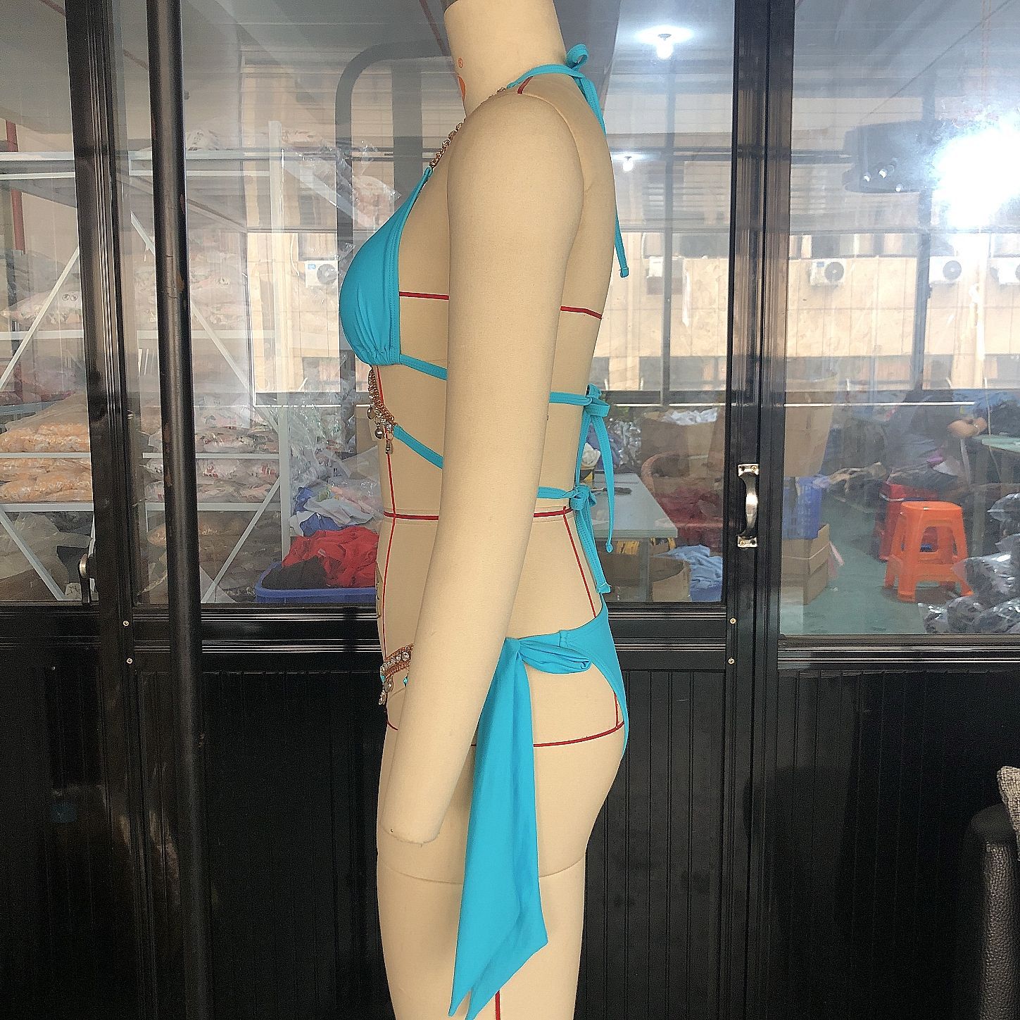 Lake Blue Crystal Diamond Straps Triangle Sexy Bikini Gathered Swimwear Wholesale Nihaojewelry display picture 9