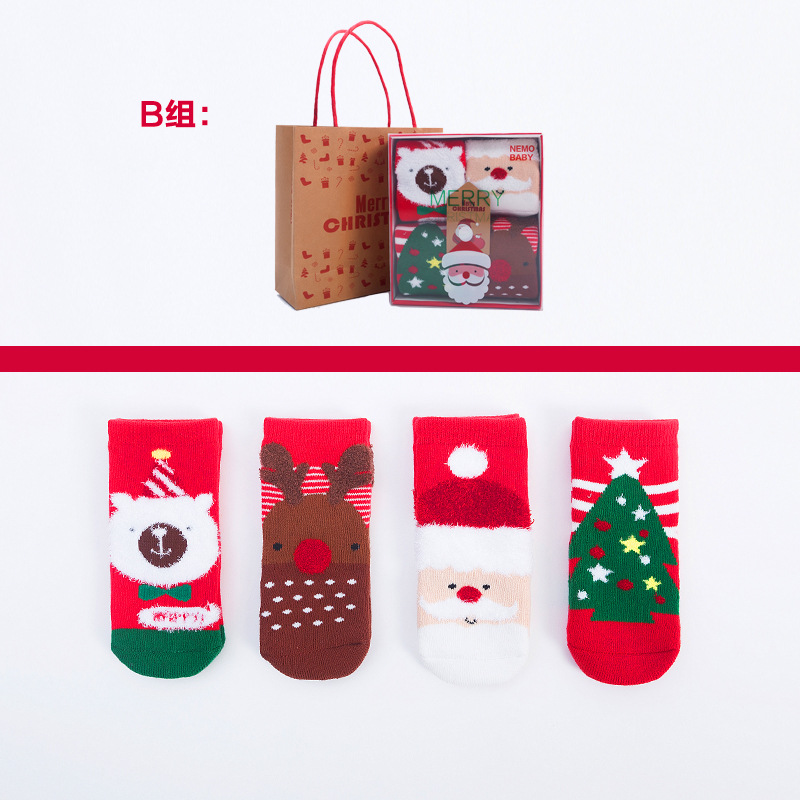 Calcetines de navidad para bebés otoño e invierno engrosados forrados de lana cálida caja de regalo bebé recién nacido bebé tubo largo vacaciones calcetines rojos