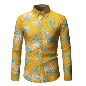 Floral men’s fashion printed casual long sleeve shirt mercerized cotton