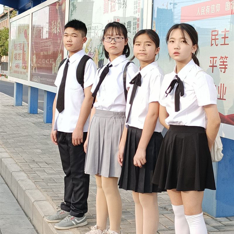 新款二件套校服男女生同款白衬衫长短袖灰色百折裙子中学生班服黑