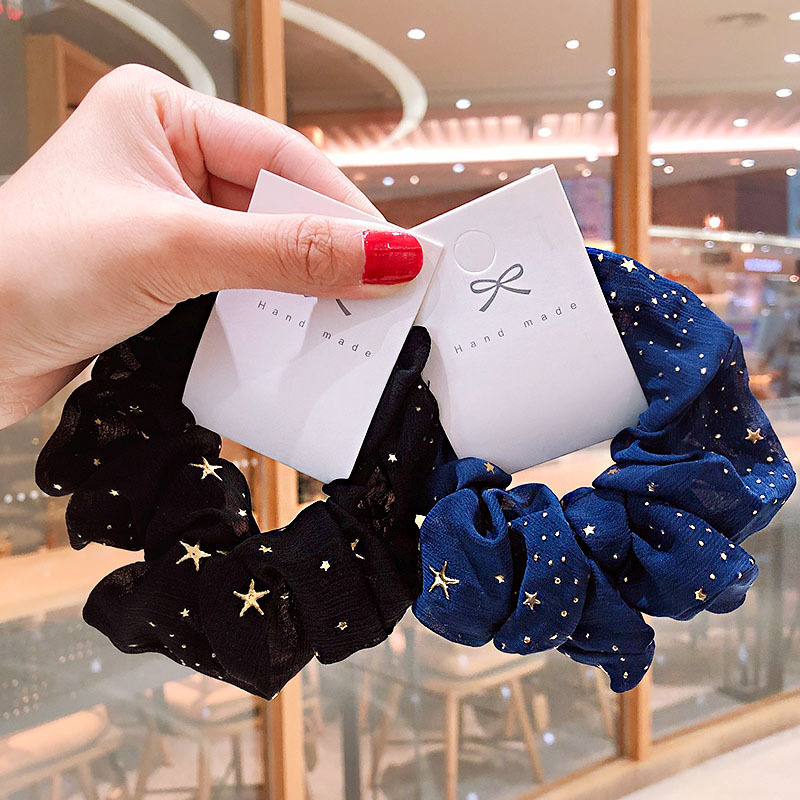 5g Weight Headwear Classification Business Occasion Star Pattern Women'S Gender Khaki, Navy Blue, Grey, White, Black Color New Star Chiffon Large Intestine Circle Headdress Sweet Disc Release Hair Scrunchies Wholesale Nihaojewelry