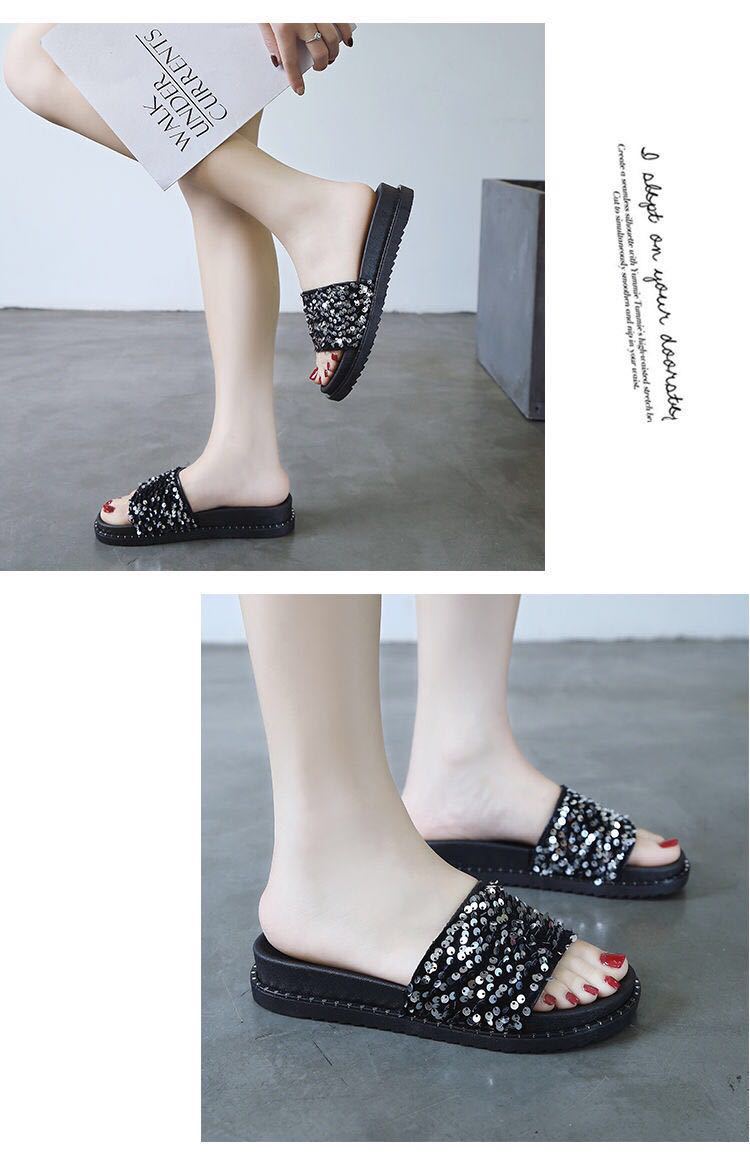 Pailletten-Mode-Hausschuhe für Damen, Sommer, koreanische Muffin-Schuhe mit dicken Sohlen, Oberbekleidung im neuen Stil, koreanischer flacher Boden, einzeilige Hausschuhe, Studenten_voghion.com