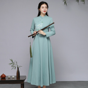 Women green color Chinese style Chinese dress qipao cotton tea dress zen big swing Hanfu dress cheongsam printed long-sleeved dress
