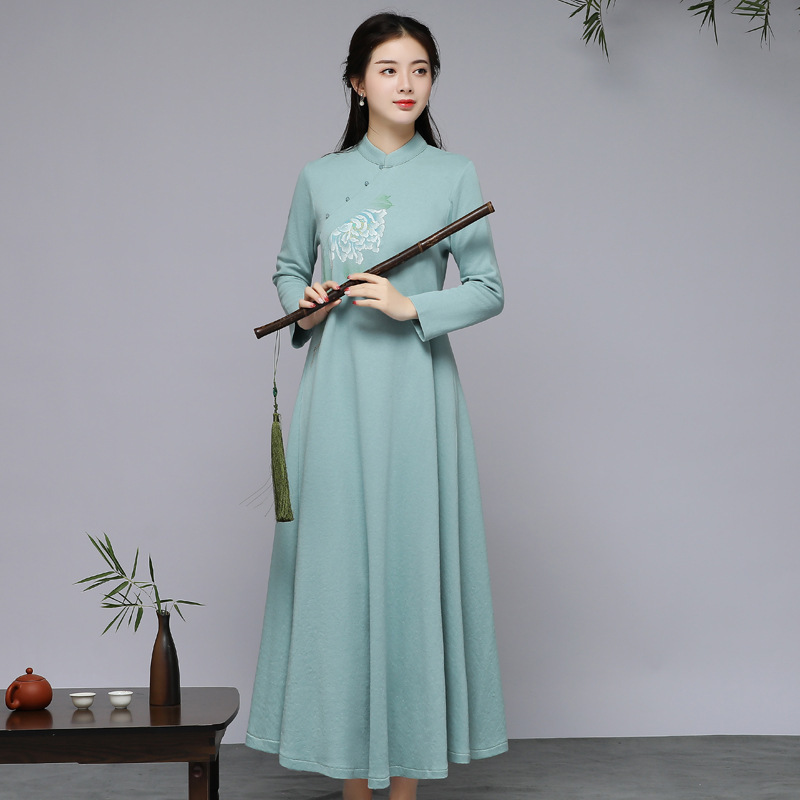green chinese style dress Chinese Style Vintage Bamboo Leaf and Flower Printed Cheongsam Dress for Women in Light Aqua Green Traditional Color Light Aqua Green / 4XL