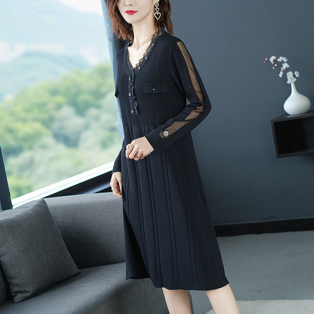 Korean sexy mesh edge V-neck Pullover dress loose medium length knitted A-line skirt for women