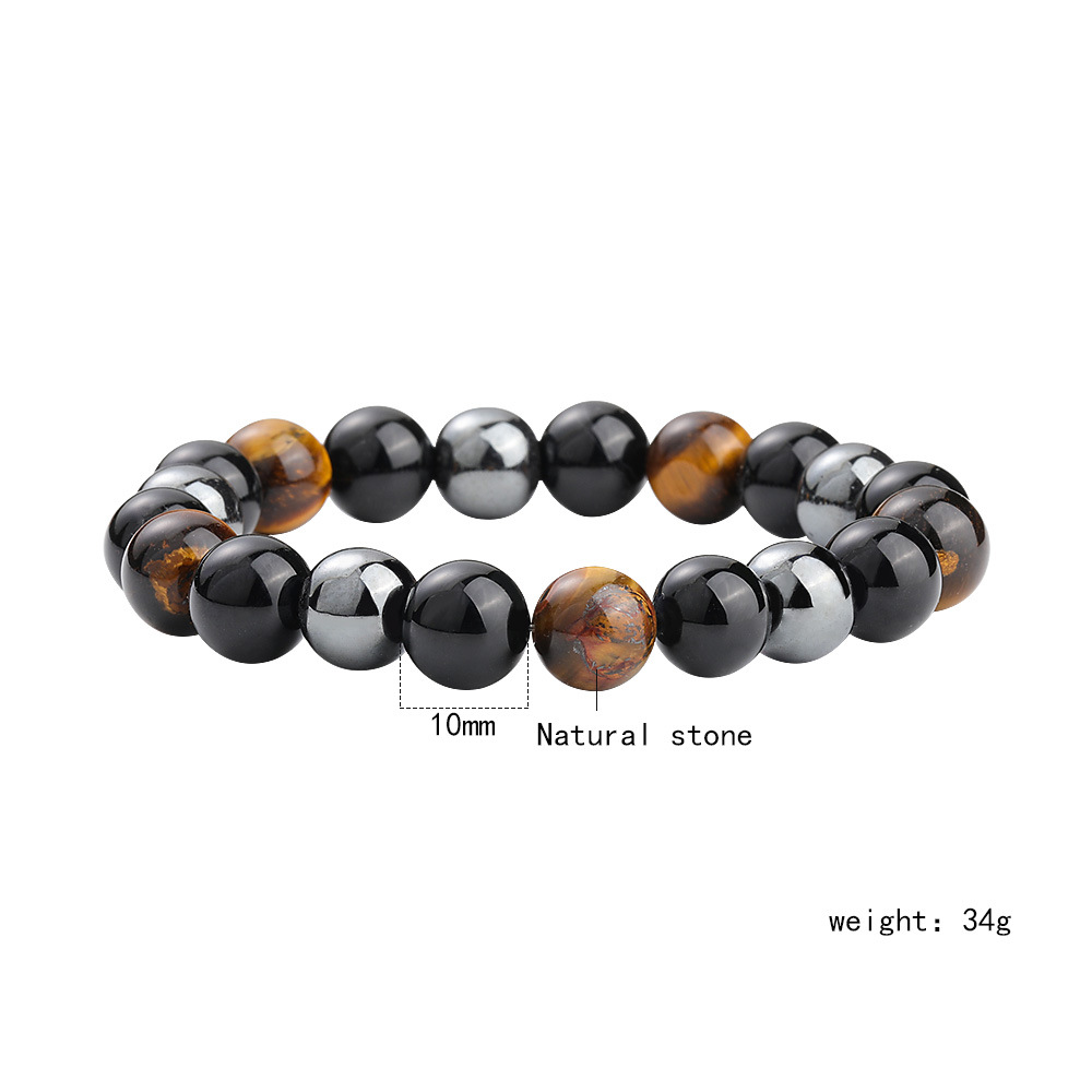 Streetwear Round Natural Stone/Tigereye/Haematite/Iron Ore/Black Glass/Ebony Beaded Men's Bracelets Surgical Gold Plated Jewelry Sets display picture 4