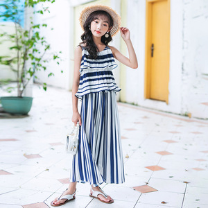女童吊带套装夏2020大童压褶荷叶边新款韩版条纹童装套装厂家批发