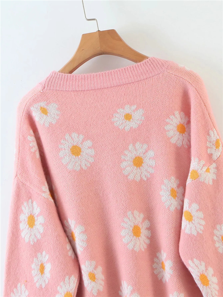 autumn and winter V-neck daisy jacquard cardigan sweater  NSLD15289
