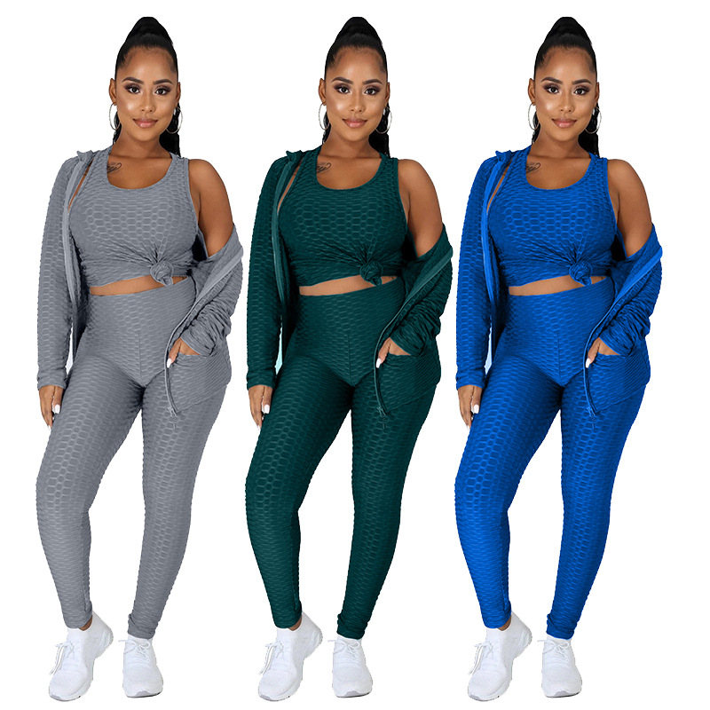 Popular Hooded Zipper Sweater Yoga Pants Sports Three Piece Set