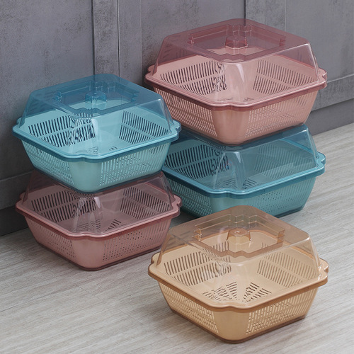 Double-layer kitchen drain basket with lid, fruit and vegetable basket, vegetable washing basket, plastic cleaning basket, fruit and vegetable basin, vegetable washing drip sieve