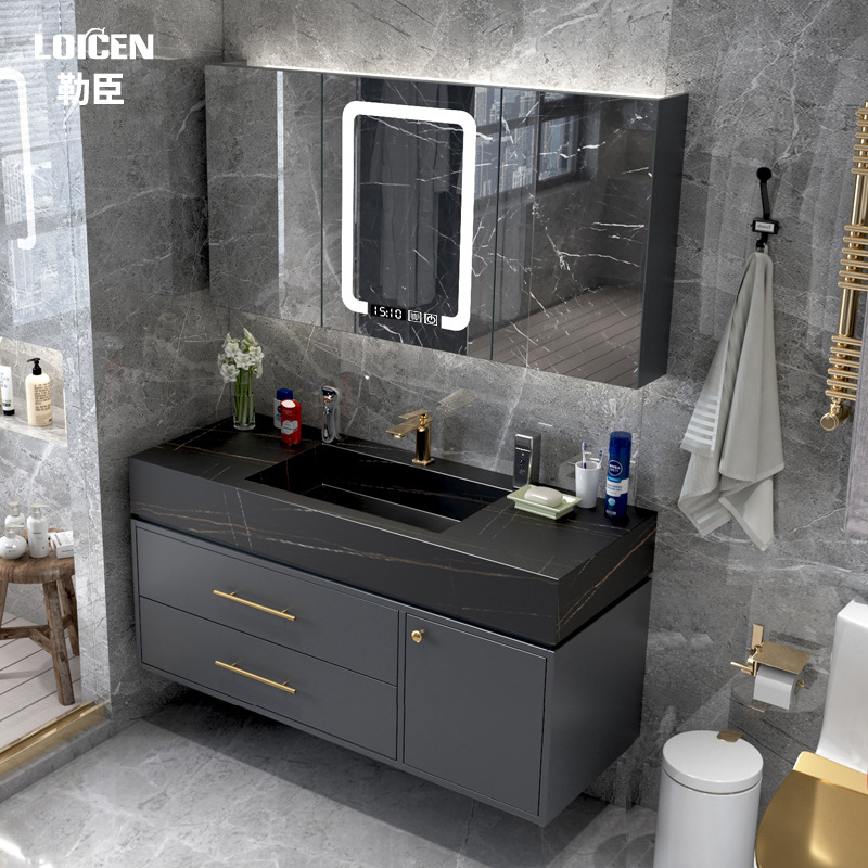 岩板一体盆现代简约浴室柜组合智能洗手池洗脸台盆柜卫生间洗漱台