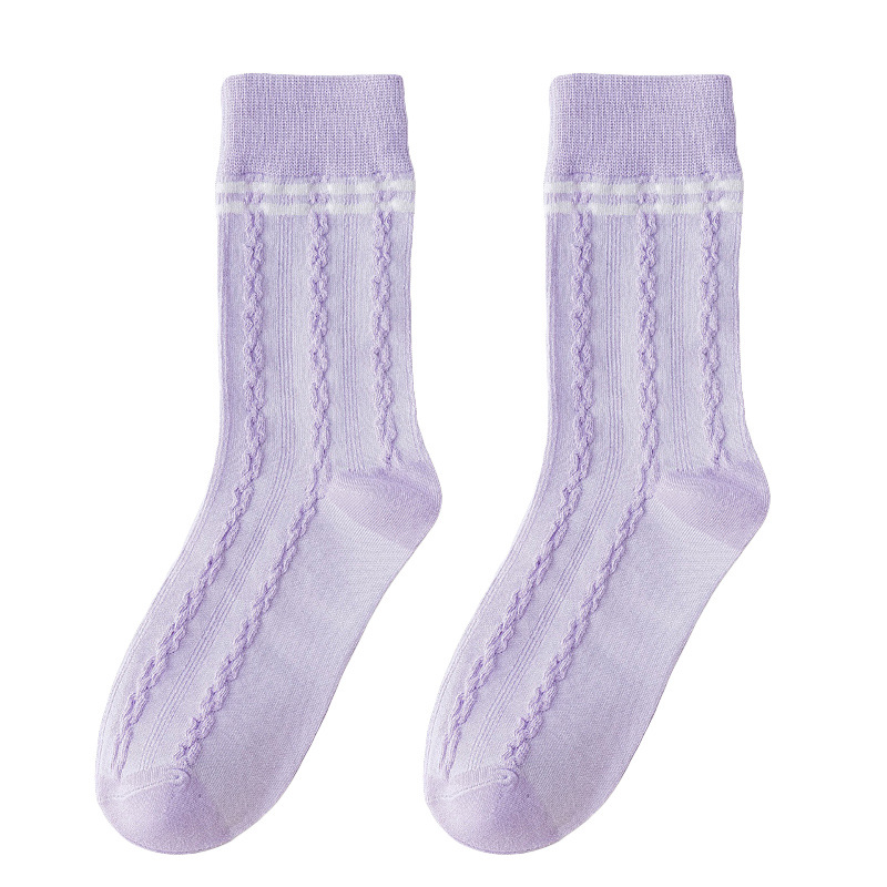 新品紫色袜子女中通袜韩版条纹格子堆堆可爱日系长袜厂家直销批发