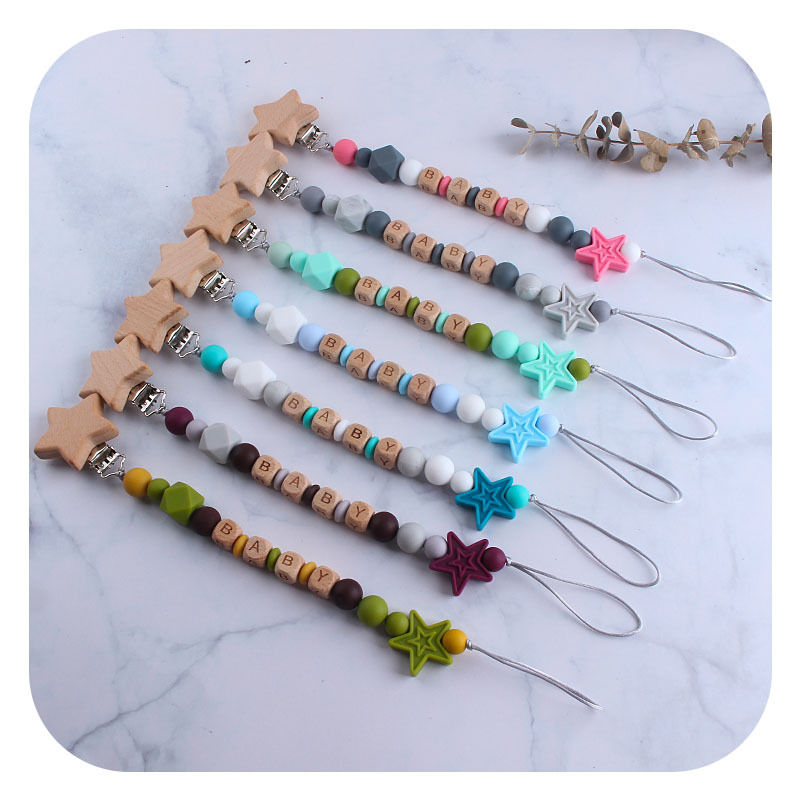 Creativo DIY bebé Haya estrella de cinco puntas chupete clip bebé nombre silicona estrella de cinco puntas chupete cadena