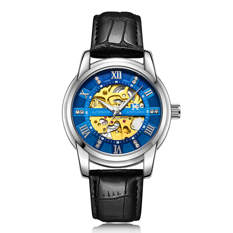 Ogulas AOKULASIC reloj mecánico automático para hombres hollow-out transparent flywheel Belt reloj 5066