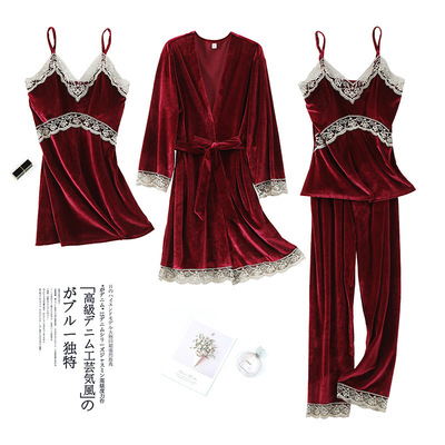 韩版时尚金丝绒睡衣新款性感蕾丝开衫套装长袖长裤套装外穿家居服