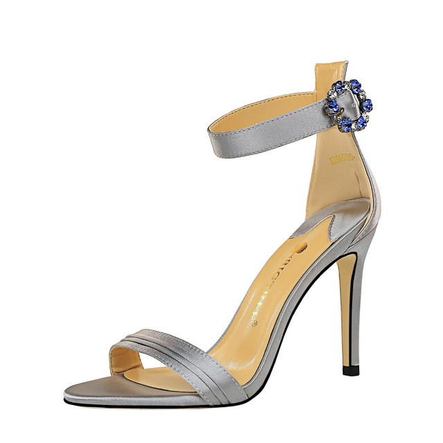 Sexy high heel silk open toe sandals with diamond buckle