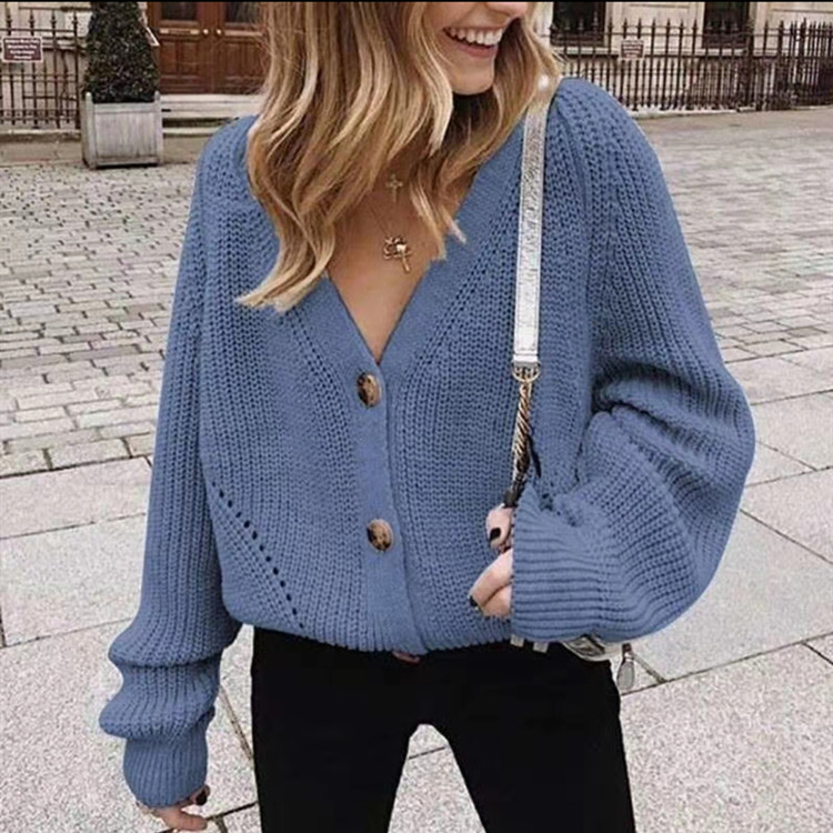Suéter de Punto para Mujer, Otoño-Invierno 2026, Estilo Europeo y Americano, Cuello en V, Manga Farol, Color Sólido, con Botones